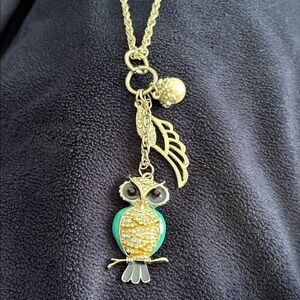 ICON Gold and Turquoise Owl long Necklace w charms and earrings! Silver tone!